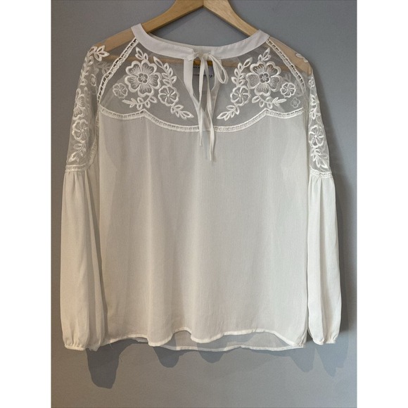 Sonja by Sonja Morgan Sheer Blouse w/ Embroidered Lace Shoulder Size S Tie Neck - Picture 1 of 7
